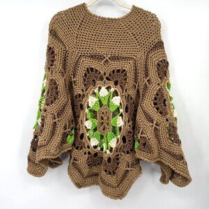 Handknit Crochet Poncho For Women/ Green and Brown Rustic Boho Crochet Shawl Han